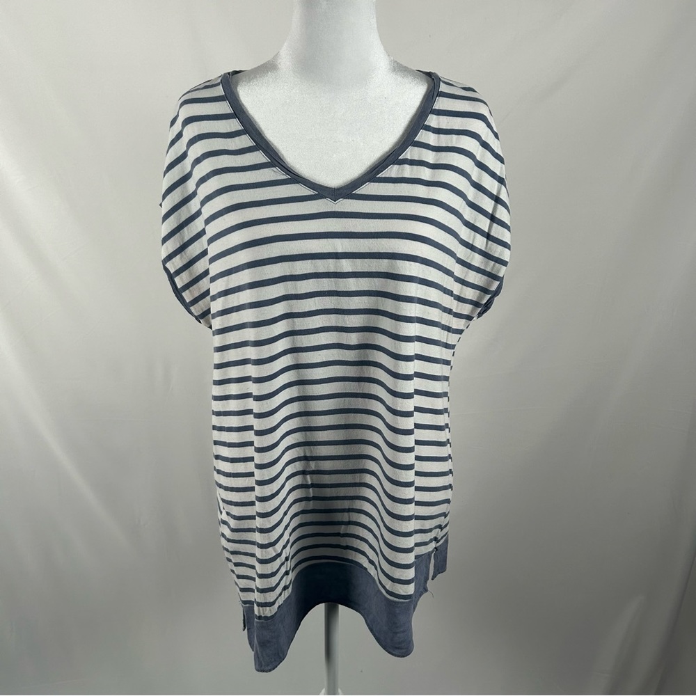 Christopher & Banks Blue White Striped Short Sleeve Blouse